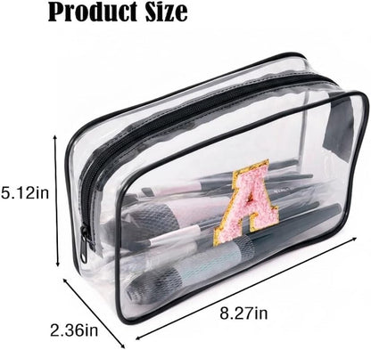 Clear Bags for Travel Essentials, Clear Toiletry Bag with Chenille Letters, Waterproof Cosmetic Travel Bag Portable with Zipper, Makeup Storage Organizer for Women & Men-A Black