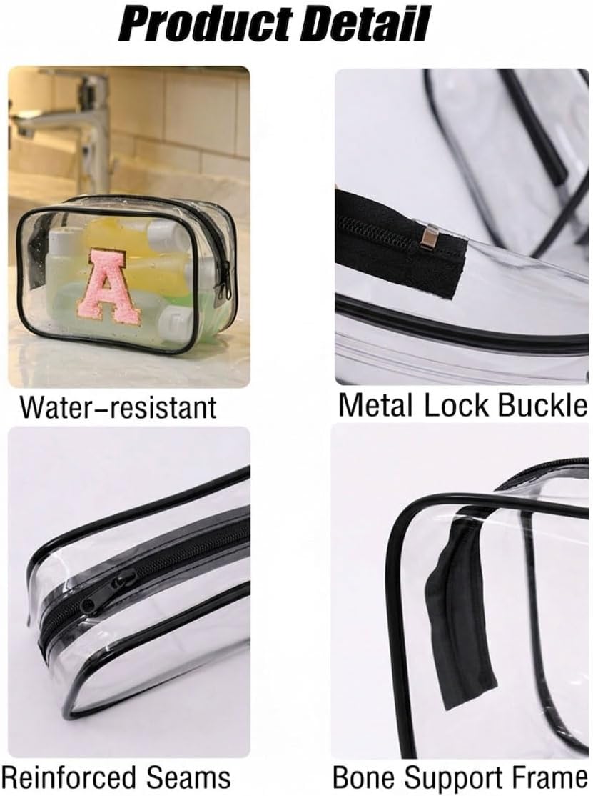 Clear Bags for Travel Essentials, Clear Toiletry Bag with Chenille Letters, Waterproof Cosmetic Travel Bag Portable with Zipper, Makeup Storage Organizer for Women & Men-A Black