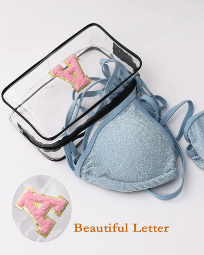Clear Bags for Travel Essentials, Clear Toiletry Bag with Chenille Letters, Waterproof Cosmetic Travel Bag Portable with Zipper, Makeup Storage Organizer for Women & Men-A Black