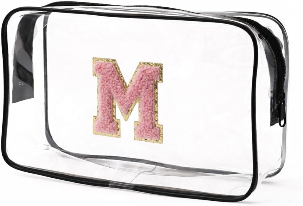Clear Bags for Travel Essentials, Clear Toiletry Bag with Chenille Letters, Waterproof Cosmetic Travel Bag Portable with Zipper, Makeup Storage Organizer for Women & Men-A Black