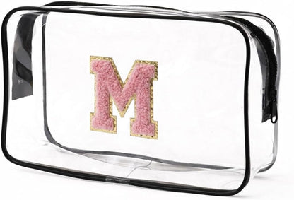 Clear Bags for Travel Essentials, Clear Toiletry Bag with Chenille Letters, Waterproof Cosmetic Travel Bag Portable with Zipper, Makeup Storage Organizer for Women & Men-A Black