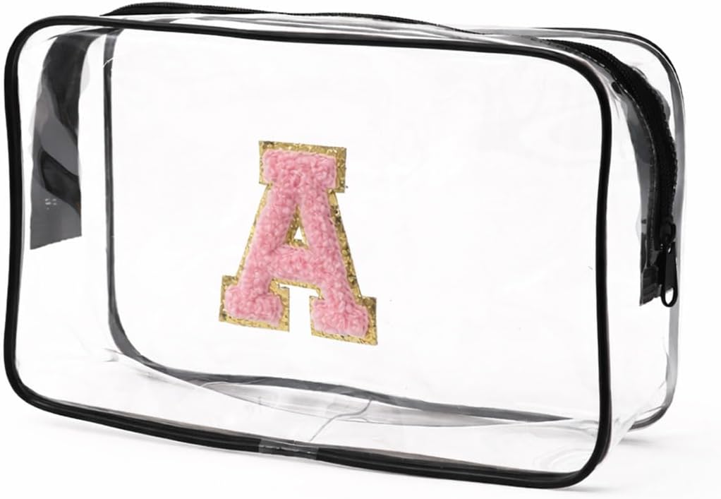 Clear Bags for Travel Essentials, Clear Toiletry Bag with Chenille Letters, Waterproof Cosmetic Travel Bag Portable with Zipper, Makeup Storage Organizer for Women & Men-A Black