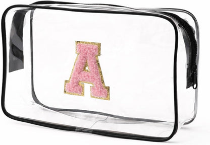 Clear Bags for Travel Essentials, Clear Toiletry Bag with Chenille Letters, Waterproof Cosmetic Travel Bag Portable with Zipper, Makeup Storage Organizer for Women & Men-A Black