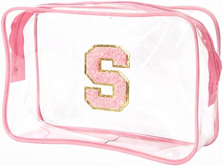 Clear Bags for Travel Essentials, Clear Toiletry Bag with Chenille Letters, Waterproof Cosmetic Travel Bag Portable with Zipper, Makeup Storage Organizer for Women & Men-A Black