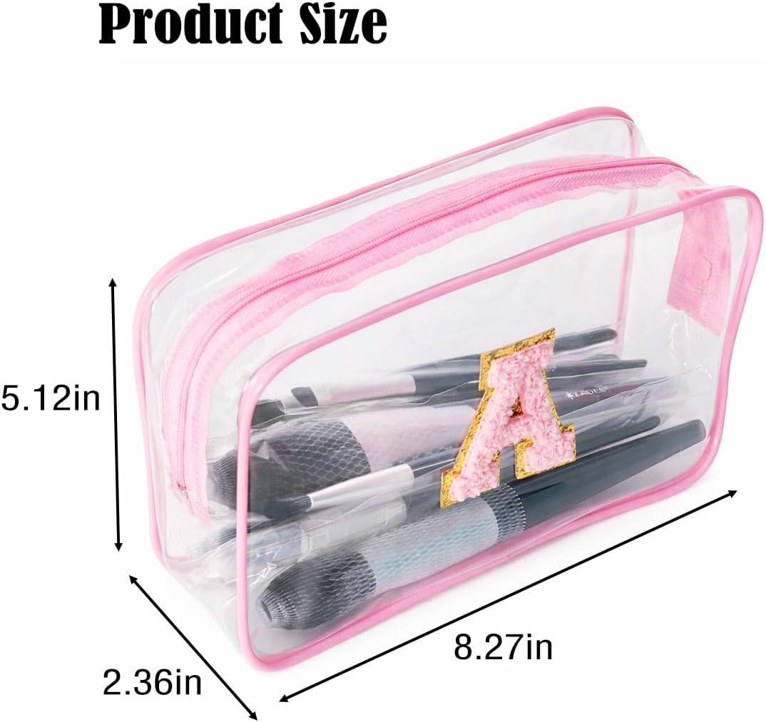Clear Bags for Travel Essentials, Clear Toiletry Bag with Chenille Letters, Waterproof Cosmetic Travel Bag Portable with Zipper, Makeup Storage Organizer for Women & Men-A Black