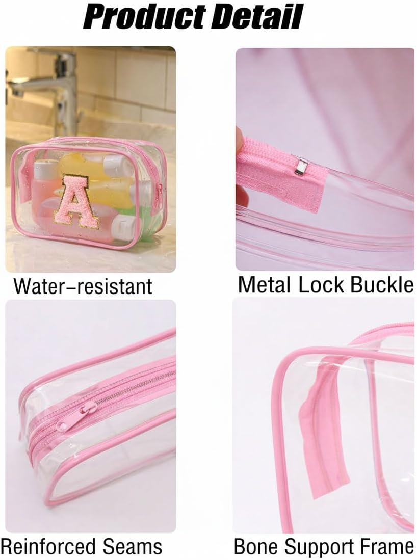 Clear Bags for Travel Essentials, Clear Toiletry Bag with Chenille Letters, Waterproof Cosmetic Travel Bag Portable with Zipper, Makeup Storage Organizer for Women & Men-A Black