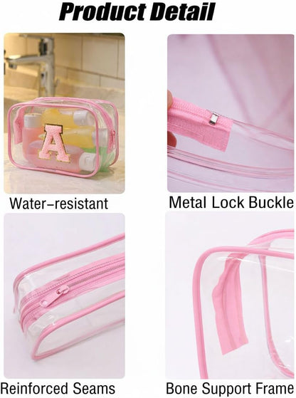 Clear Bags for Travel Essentials, Clear Toiletry Bag with Chenille Letters, Waterproof Cosmetic Travel Bag Portable with Zipper, Makeup Storage Organizer for Women & Men-A Black