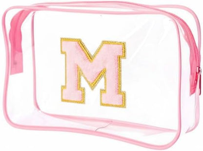 Clear Bags for Travel Essentials, Clear Toiletry Bag with Chenille Letters, Waterproof Cosmetic Travel Bag Portable with Zipper, Makeup Storage Organizer for Women & Men-A Black
