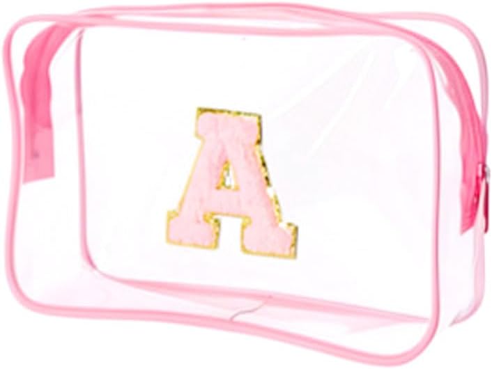 Clear Bags for Travel Essentials, Clear Toiletry Bag with Chenille Letters, Waterproof Cosmetic Travel Bag Portable with Zipper, Makeup Storage Organizer for Women & Men-A Black
