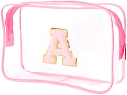 Clear Bags for Travel Essentials, Clear Toiletry Bag with Chenille Letters, Waterproof Cosmetic Travel Bag Portable with Zipper, Makeup Storage Organizer for Women & Men-A Black