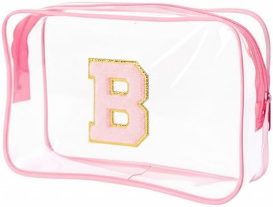 Clear Bags for Travel Essentials, Clear Toiletry Bag with Chenille Letters, Waterproof Cosmetic Travel Bag Portable with Zipper, Makeup Storage Organizer for Women & Men-A Black