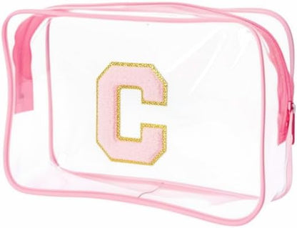 Clear Bags for Travel Essentials, Clear Toiletry Bag with Chenille Letters, Waterproof Cosmetic Travel Bag Portable with Zipper, Makeup Storage Organizer for Women & Men-A Black