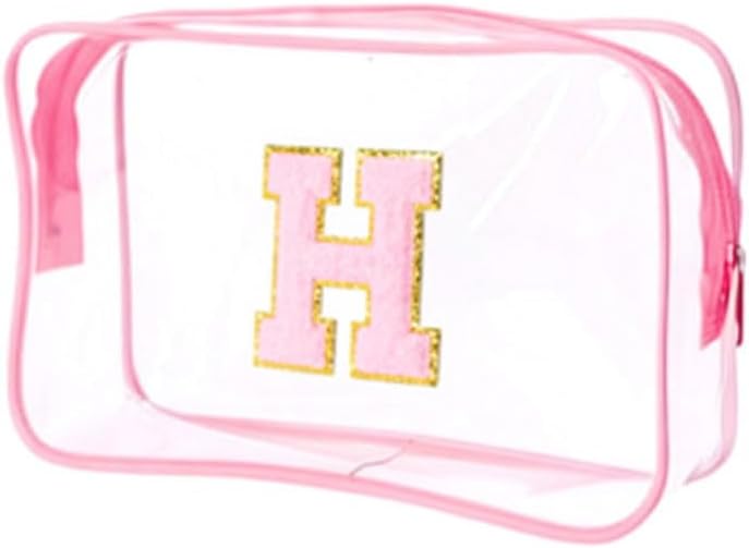 Clear Bags for Travel Essentials, Clear Toiletry Bag with Chenille Letters, Waterproof Cosmetic Travel Bag Portable with Zipper, Makeup Storage Organizer for Women & Men-A Black