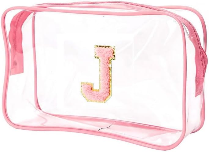 Clear Bags for Travel Essentials, Clear Toiletry Bag with Chenille Letters, Waterproof Cosmetic Travel Bag Portable with Zipper, Makeup Storage Organizer for Women & Men-A Black
