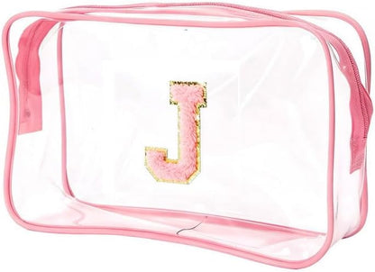 Clear Bags for Travel Essentials, Clear Toiletry Bag with Chenille Letters, Waterproof Cosmetic Travel Bag Portable with Zipper, Makeup Storage Organizer for Women & Men-A Black