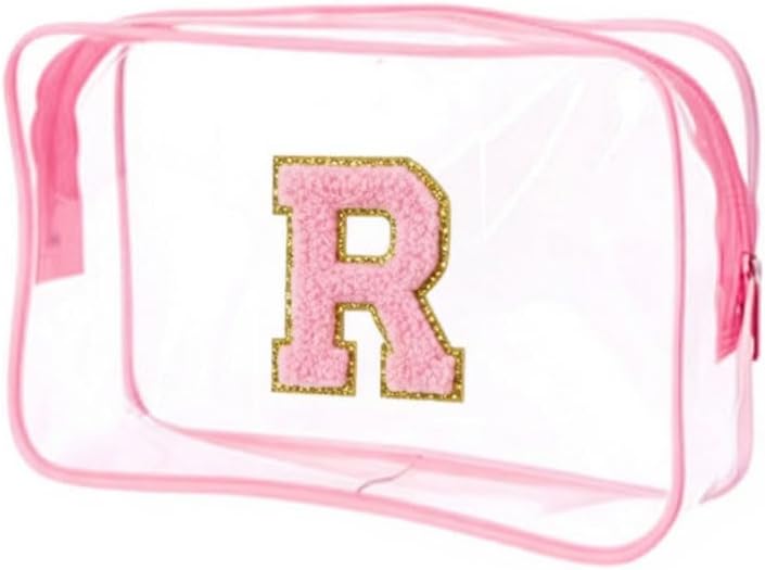 Clear Bags for Travel Essentials, Clear Toiletry Bag with Chenille Letters, Waterproof Cosmetic Travel Bag Portable with Zipper, Makeup Storage Organizer for Women & Men-A Black