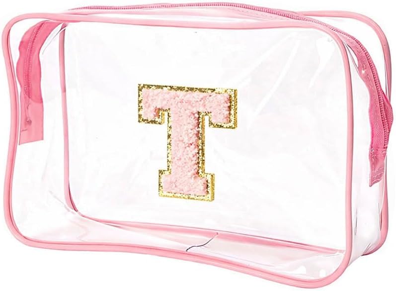 Clear Bags for Travel Essentials, Clear Toiletry Bag with Chenille Letters, Waterproof Cosmetic Travel Bag Portable with Zipper, Makeup Storage Organizer for Women & Men-A Black