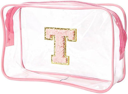 Clear Bags for Travel Essentials, Clear Toiletry Bag with Chenille Letters, Waterproof Cosmetic Travel Bag Portable with Zipper, Makeup Storage Organizer for Women & Men-A Black