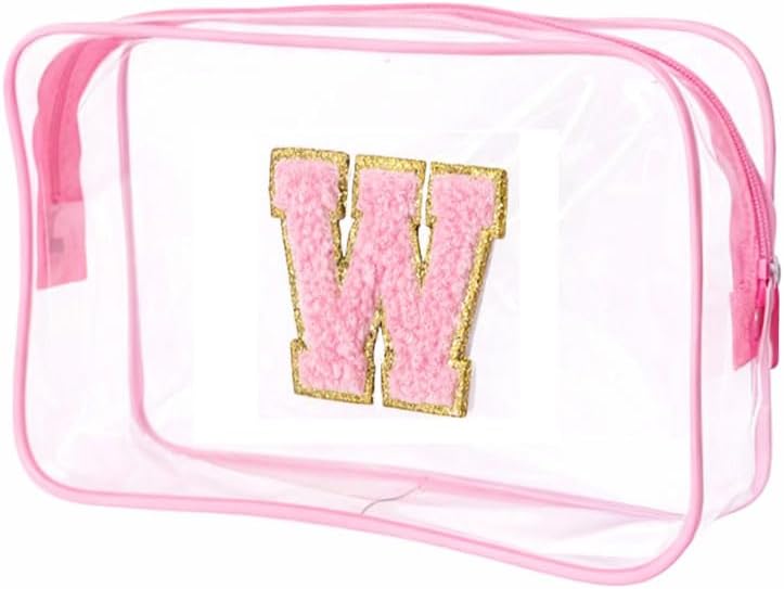 Clear Bags for Travel Essentials, Clear Toiletry Bag with Chenille Letters, Waterproof Cosmetic Travel Bag Portable with Zipper, Makeup Storage Organizer for Women & Men-A Black