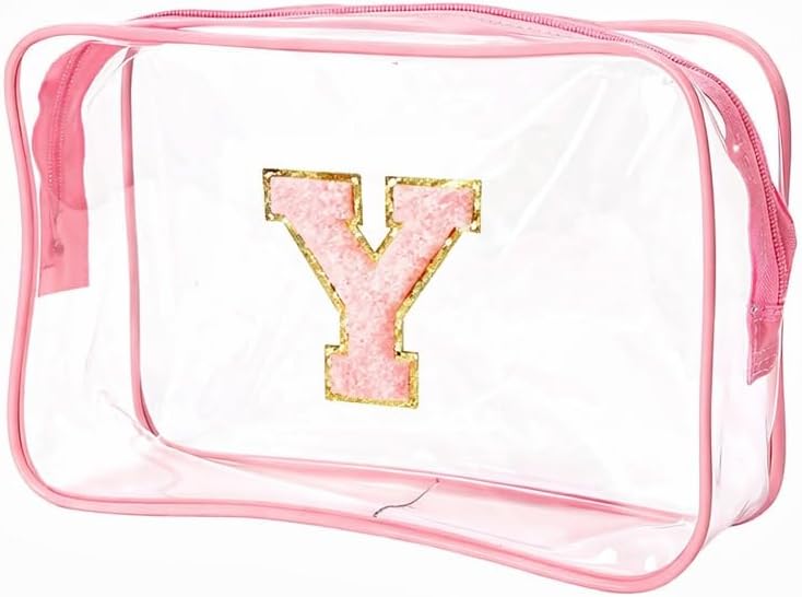 Clear Bags for Travel Essentials, Clear Toiletry Bag with Chenille Letters, Waterproof Cosmetic Travel Bag Portable with Zipper, Makeup Storage Organizer for Women & Men-A Black
