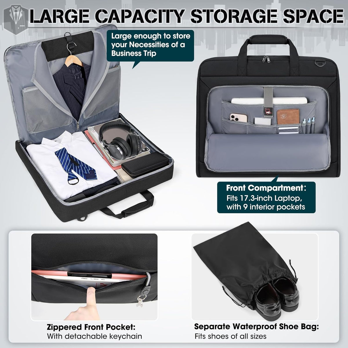 Garment Bags for Travel Carry On Garment Bag for Hanging Clothes, Suit Bag for Business Trips with Shoes bag & Shoulder Strap, Waterproof Foldable Suit Luggage Bag for Men Women, Black