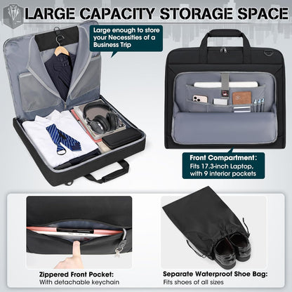 Garment Bags for Travel Carry On Garment Bag for Hanging Clothes, Suit Bag for Business Trips with Shoes bag & Shoulder Strap, Waterproof Foldable Suit Luggage Bag for Men Women, Black