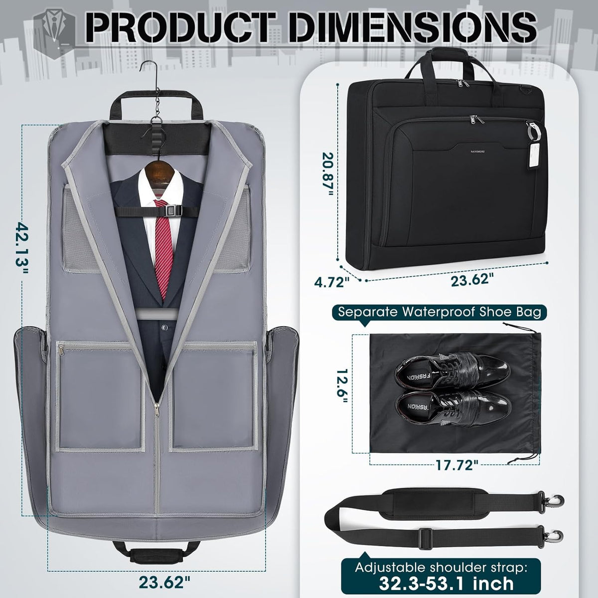 Garment Bags for Travel Carry On Garment Bag for Hanging Clothes, Suit Bag for Business Trips with Shoes bag & Shoulder Strap, Waterproof Foldable Suit Luggage Bag for Men Women, Black