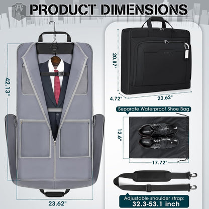 Garment Bags for Travel Carry On Garment Bag for Hanging Clothes, Suit Bag for Business Trips with Shoes bag & Shoulder Strap, Waterproof Foldable Suit Luggage Bag for Men Women, Black