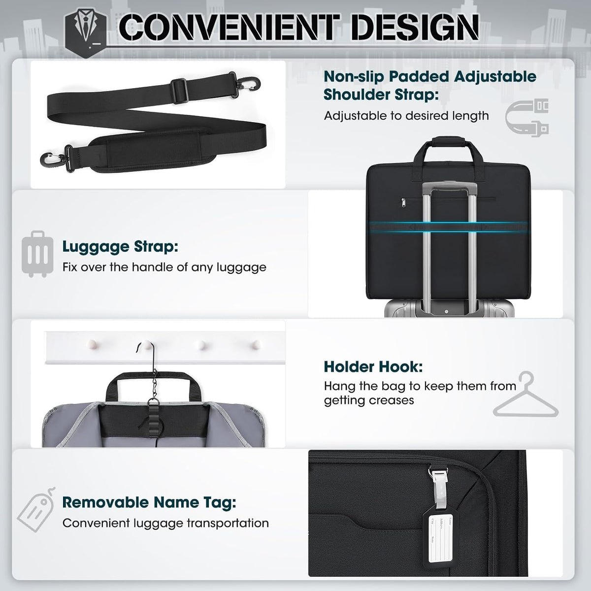 Garment Bags for Travel Carry On Garment Bag for Hanging Clothes, Suit Bag for Business Trips with Shoes bag & Shoulder Strap, Waterproof Foldable Suit Luggage Bag for Men Women, Black