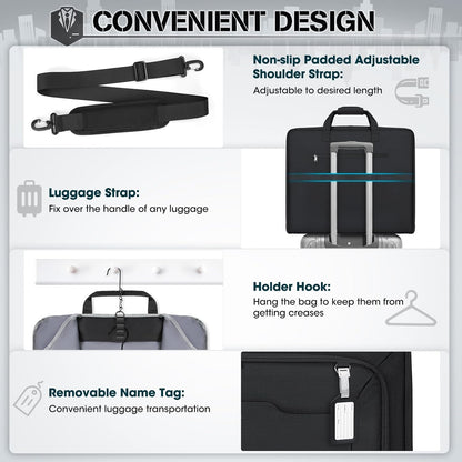Garment Bags for Travel Carry On Garment Bag for Hanging Clothes, Suit Bag for Business Trips with Shoes bag & Shoulder Strap, Waterproof Foldable Suit Luggage Bag for Men Women, Black