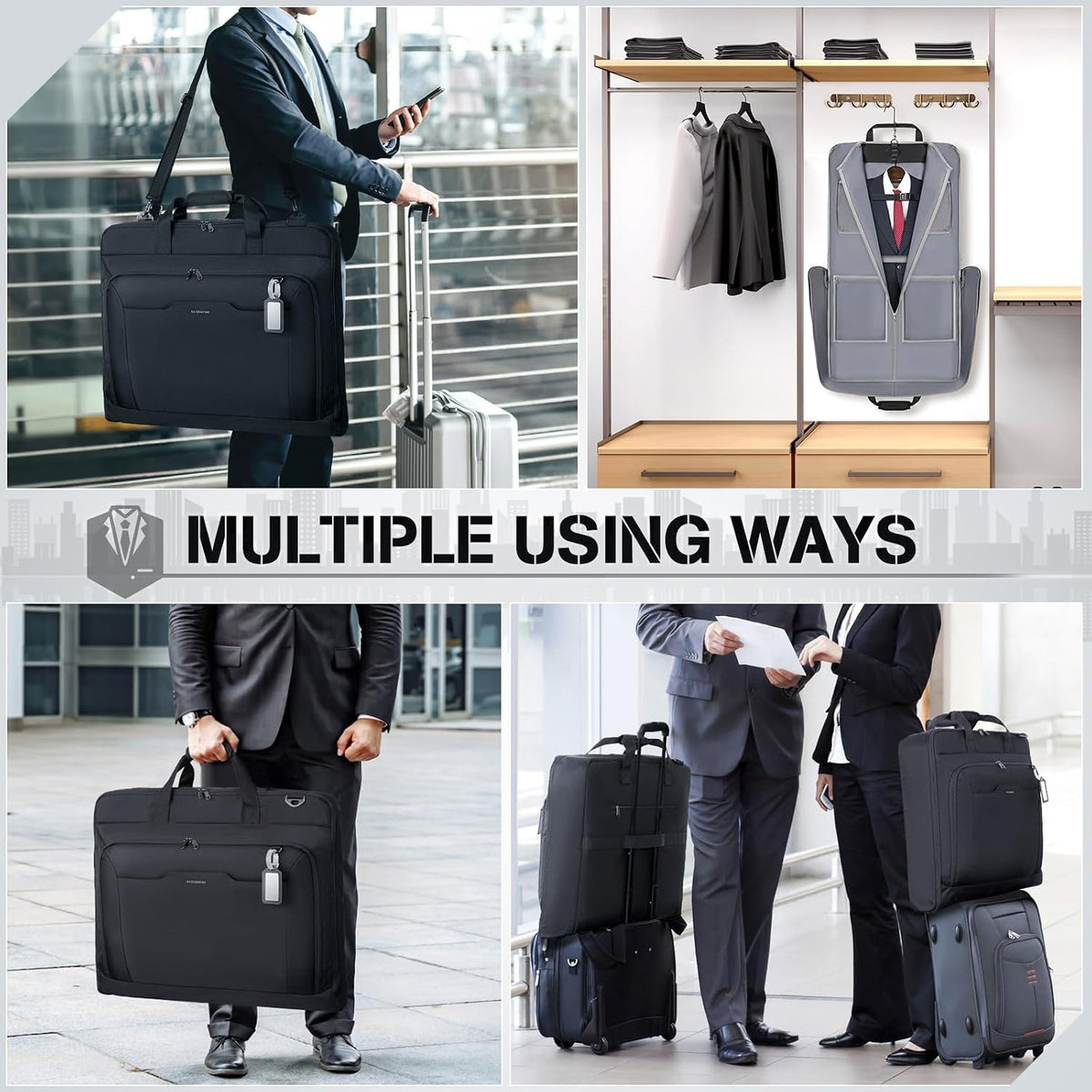 Garment Bags for Travel Carry On Garment Bag for Hanging Clothes, Suit Bag for Business Trips with Shoes bag & Shoulder Strap, Waterproof Foldable Suit Luggage Bag for Men Women, Black