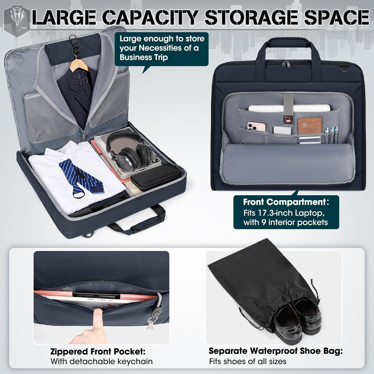 Garment Bags for Travel Carry On Garment Bag for Hanging Clothes, Suit Bag for Business Trips with Shoes bag & Shoulder Strap, Waterproof Foldable Suit Luggage Bag for Men Women, Black