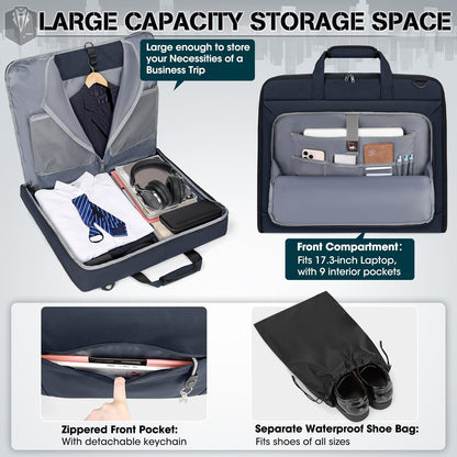 Garment Bags for Travel Carry On Garment Bag for Hanging Clothes, Suit Bag for Business Trips with Shoes bag & Shoulder Strap, Waterproof Foldable Suit Luggage Bag for Men Women, Black