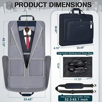 Garment Bags for Travel Carry On Garment Bag for Hanging Clothes, Suit Bag for Business Trips with Shoes bag & Shoulder Strap, Waterproof Foldable Suit Luggage Bag for Men Women, Black