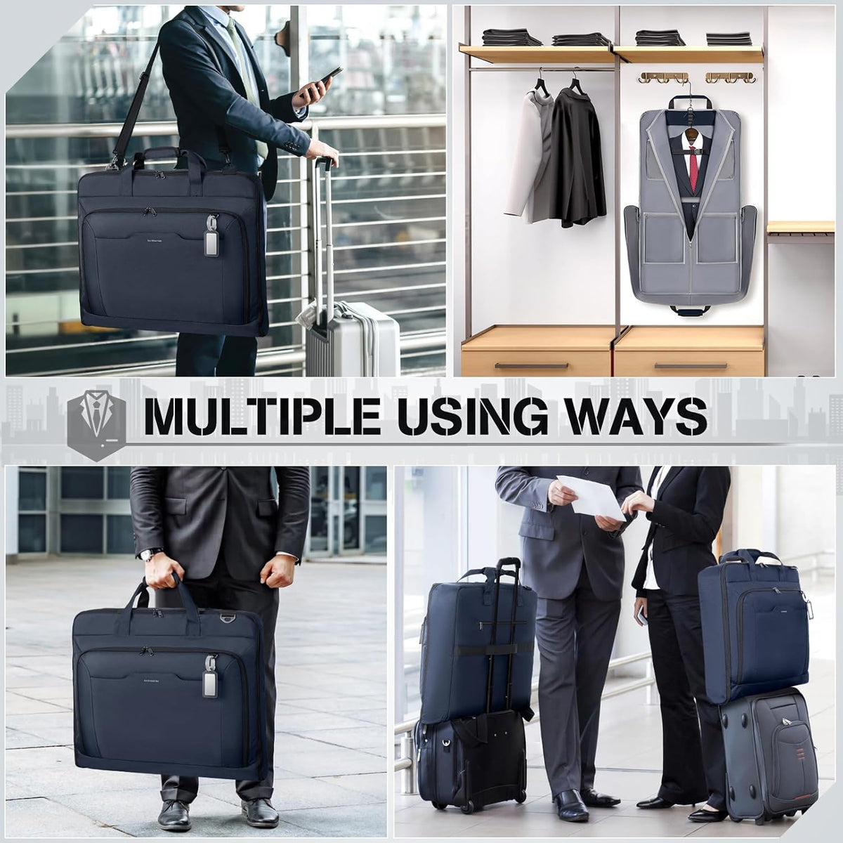Garment Bags for Travel Carry On Garment Bag for Hanging Clothes, Suit Bag for Business Trips with Shoes bag & Shoulder Strap, Waterproof Foldable Suit Luggage Bag for Men Women, Black