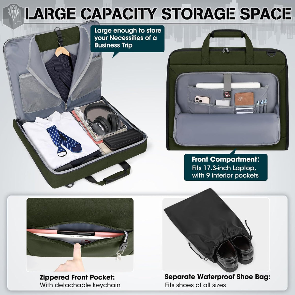Garment Bags for Travel Carry On Garment Bag for Hanging Clothes, Suit Bag for Business Trips with Shoes bag & Shoulder Strap, Waterproof Foldable Suit Luggage Bag for Men Women, Black