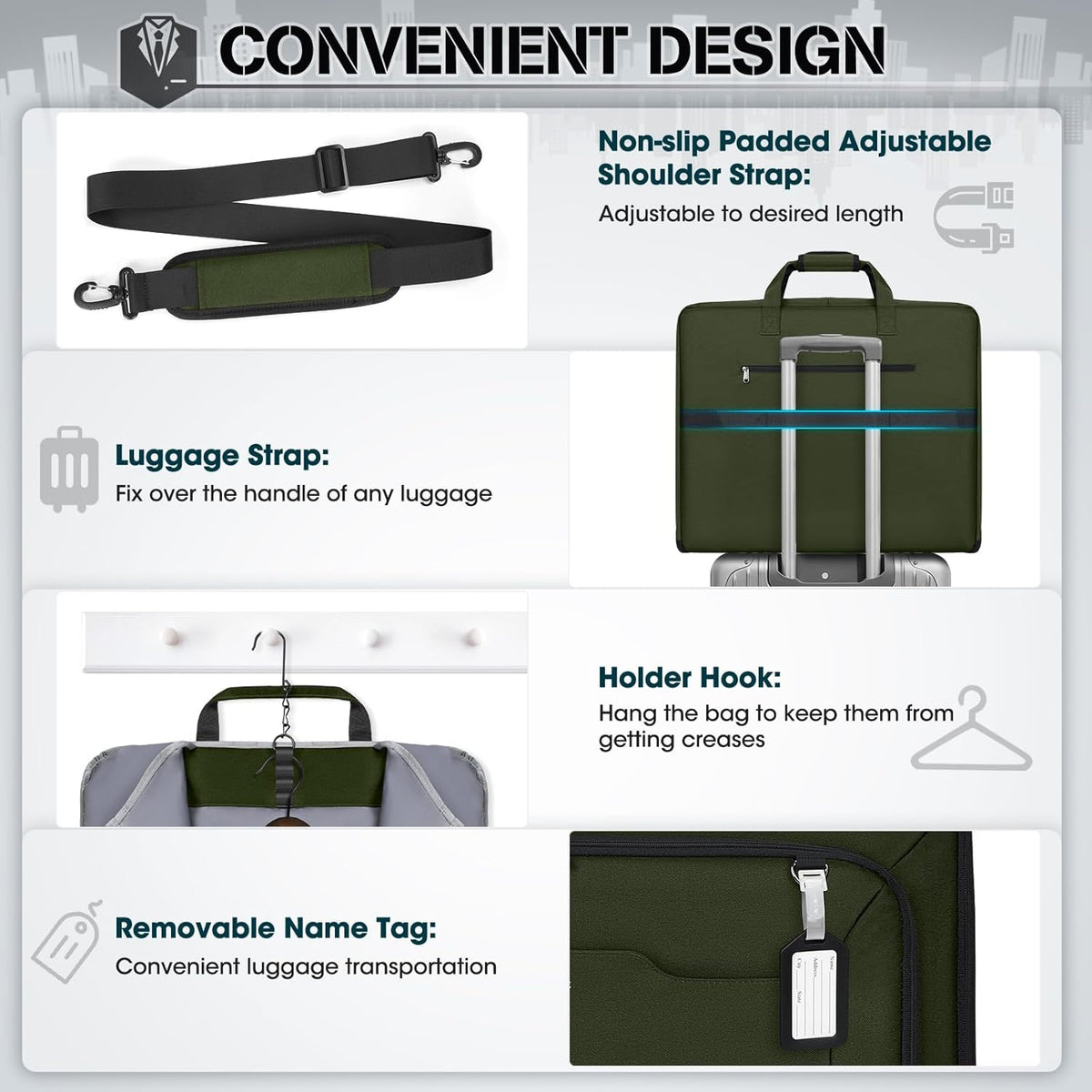 Garment Bags for Travel Carry On Garment Bag for Hanging Clothes, Suit Bag for Business Trips with Shoes bag & Shoulder Strap, Waterproof Foldable Suit Luggage Bag for Men Women, Black