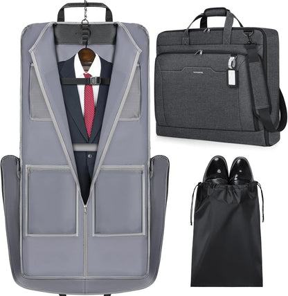 Garment Bags for Travel Carry On Garment Bag for Hanging Clothes, Suit Bag for Business Trips with Shoes bag & Shoulder Strap, Waterproof Foldable Suit Luggage Bag for Men Women, Black
