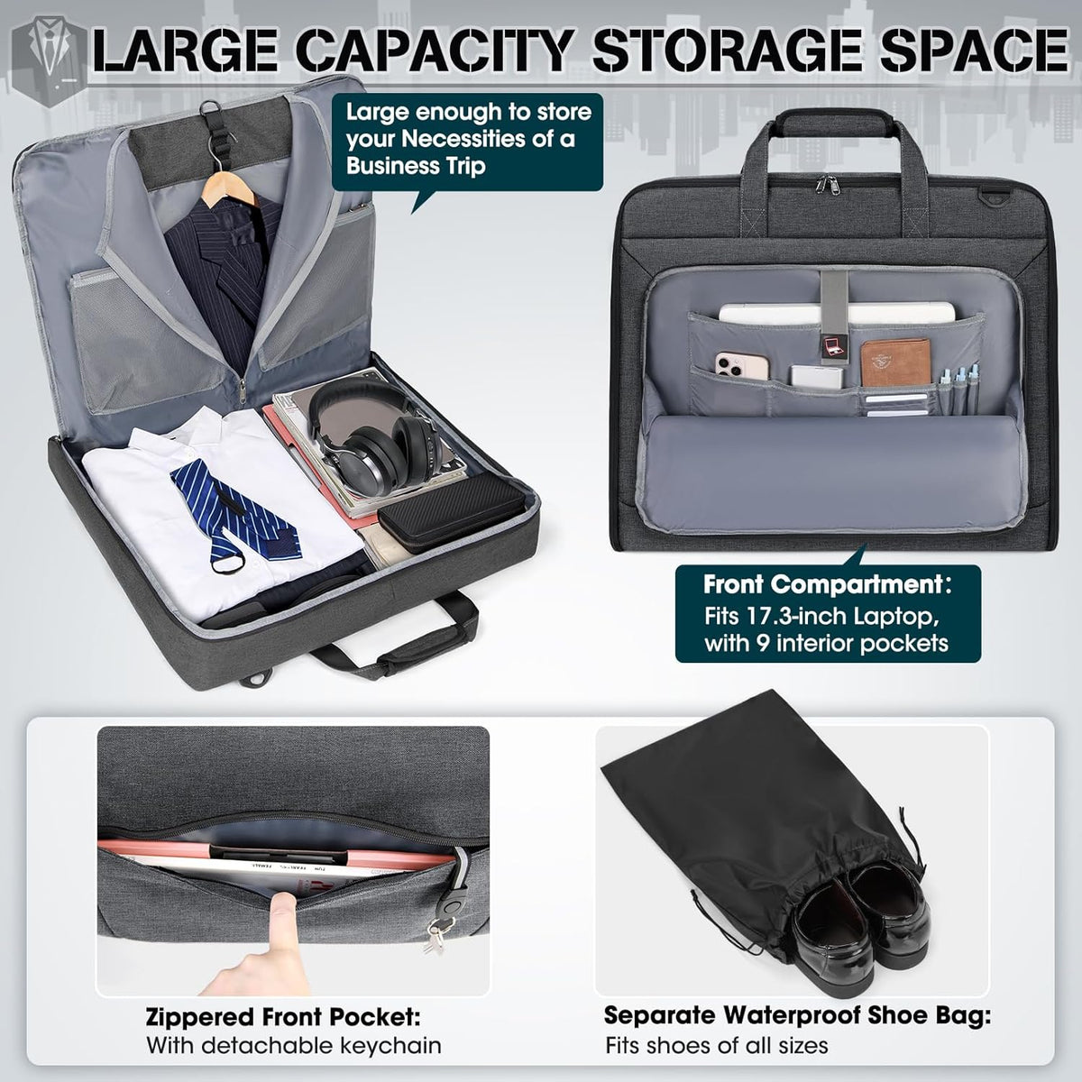Garment Bags for Travel Carry On Garment Bag for Hanging Clothes, Suit Bag for Business Trips with Shoes bag & Shoulder Strap, Waterproof Foldable Suit Luggage Bag for Men Women, Black