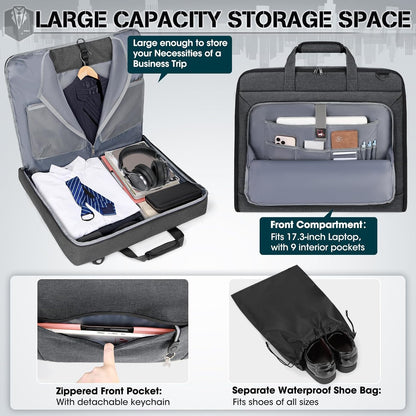 Garment Bags for Travel Carry On Garment Bag for Hanging Clothes, Suit Bag for Business Trips with Shoes bag & Shoulder Strap, Waterproof Foldable Suit Luggage Bag for Men Women, Black