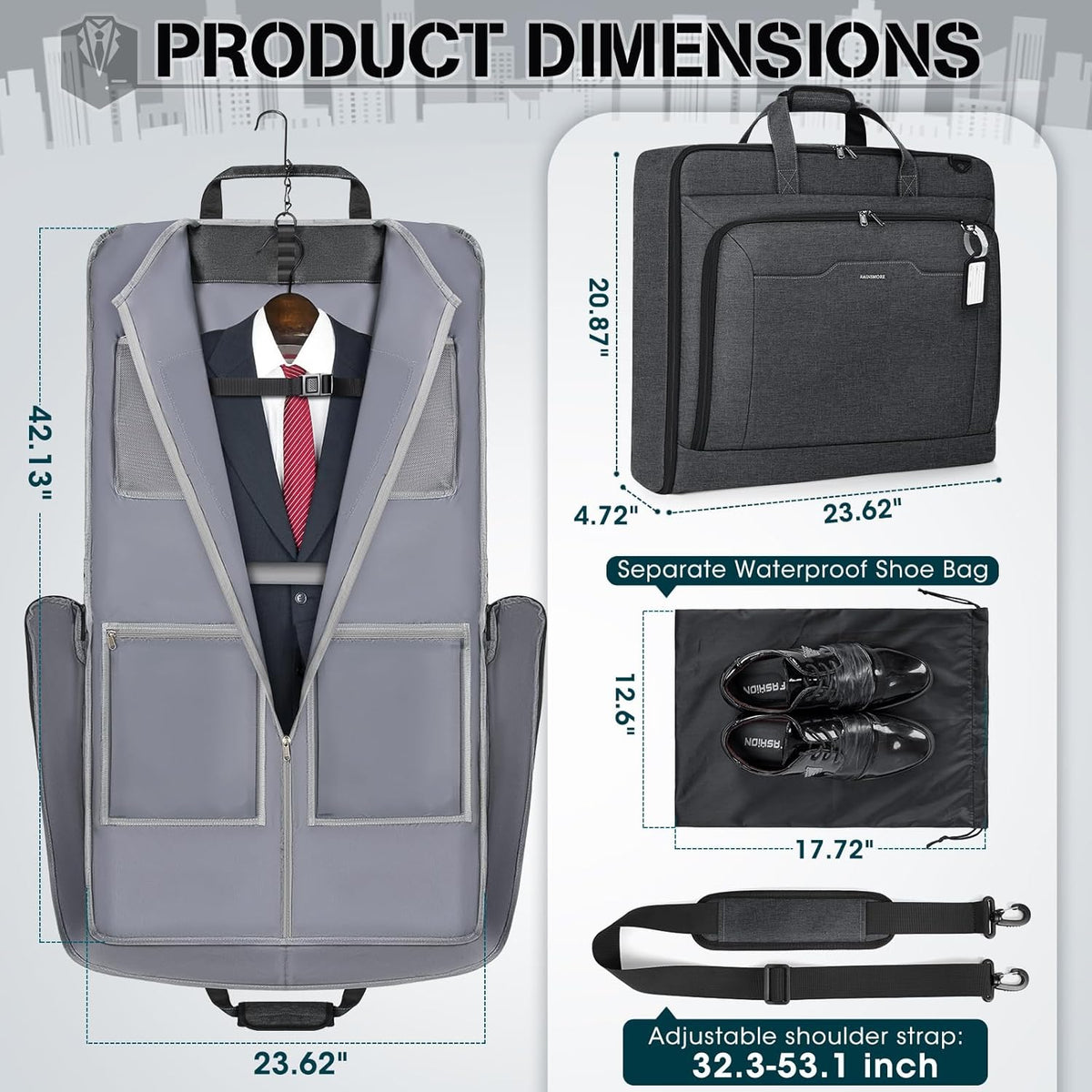 Garment Bags for Travel Carry On Garment Bag for Hanging Clothes, Suit Bag for Business Trips with Shoes bag & Shoulder Strap, Waterproof Foldable Suit Luggage Bag for Men Women, Black