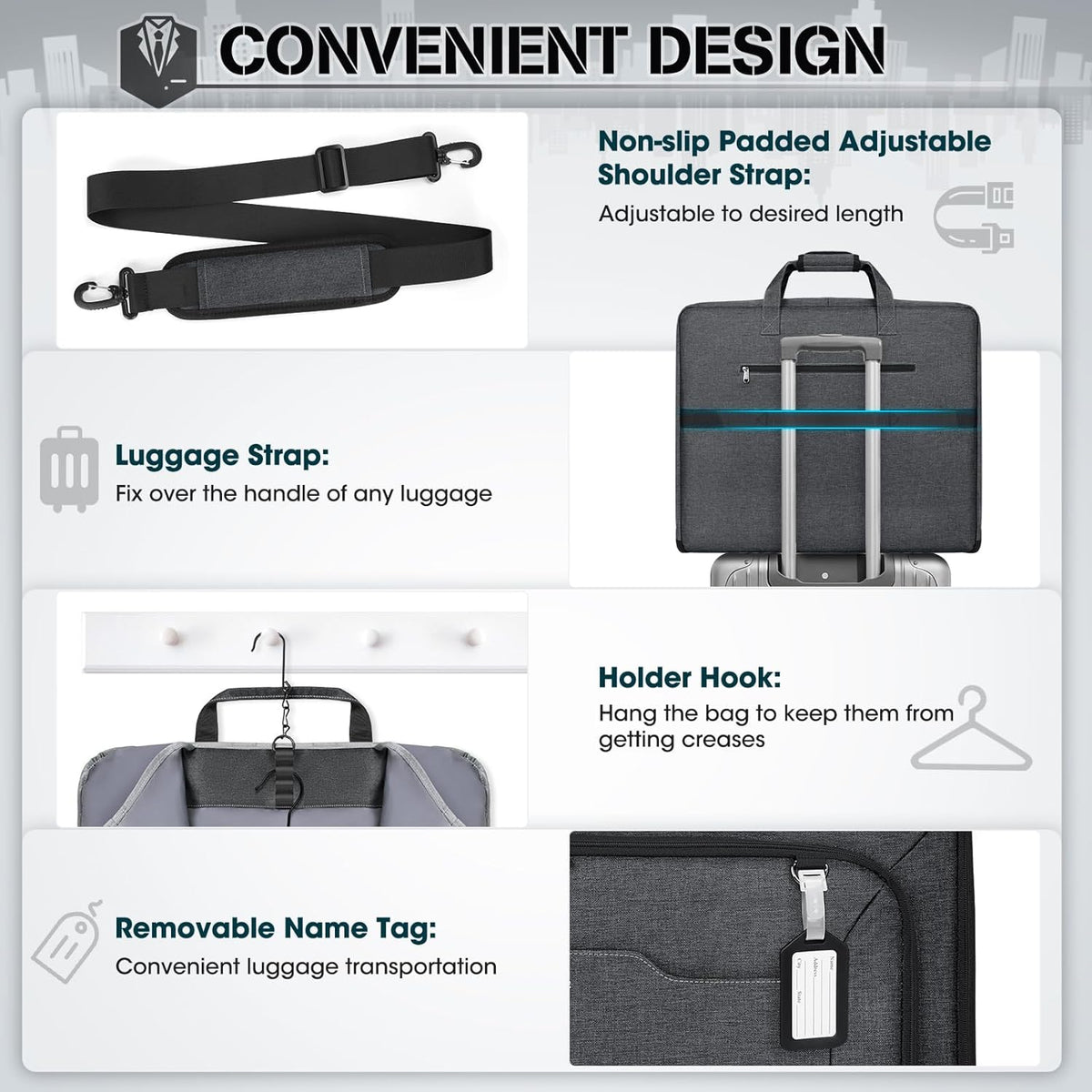 Garment Bags for Travel Carry On Garment Bag for Hanging Clothes, Suit Bag for Business Trips with Shoes bag & Shoulder Strap, Waterproof Foldable Suit Luggage Bag for Men Women, Black