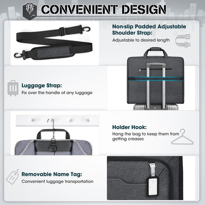 Garment Bags for Travel Carry On Garment Bag for Hanging Clothes, Suit Bag for Business Trips with Shoes bag & Shoulder Strap, Waterproof Foldable Suit Luggage Bag for Men Women, Black