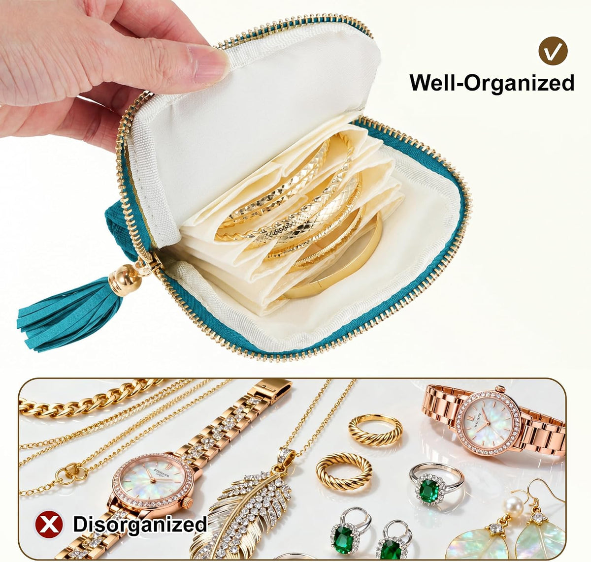 Travel Jewelry Case, Portable Jewelry Organizer with 6 Independent Layers, Small Pouch Bag for Necklace Bracelet Rings Earring Storage, Women Gift Idea, Pink