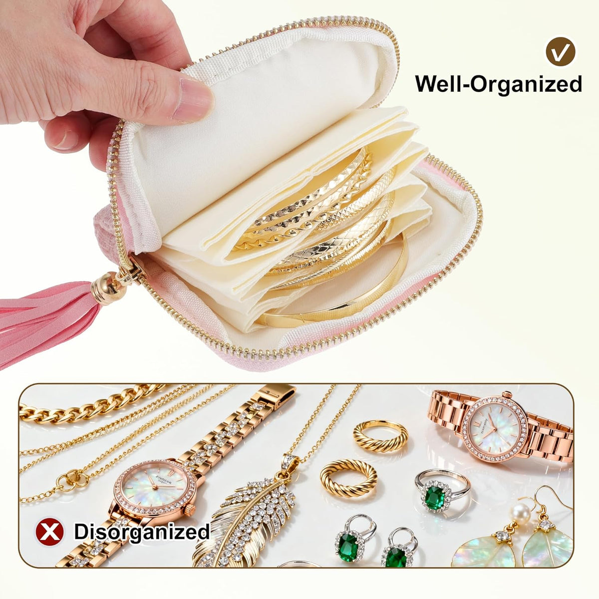 Travel Jewelry Case, Portable Jewelry Organizer with 6 Independent Layers, Small Pouch Bag for Necklace Bracelet Rings Earring Storage, Women Gift Idea, Pink