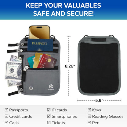 Neck Wallet – Travel Pouch and RFID Blocking Passport Holder for Women and Men, Easy to Conceal Passport Wallet, Slim Travel Wallet to Keep Your Cash, Passport, Cards and Documents Safe (Black)