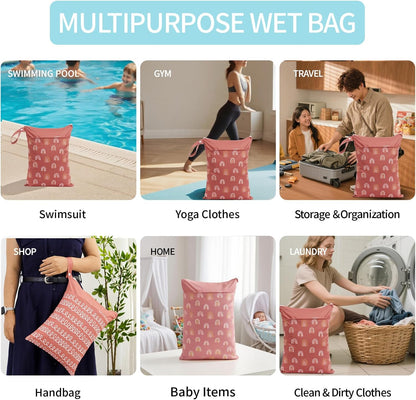 2pcs Wet Bags Waterproof Reusable Wet Dry Bag with Two Zippered Pockets Travel Beach Pool Daycare Yoga Gym Bag for Baby Cloth Diaper,Swimsuits,Wet Clothes (Turtles & Seagrass)