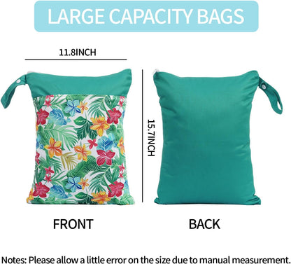 2pcs Wet Bags Waterproof Reusable Wet Dry Bag with Two Zippered Pockets Travel Beach Pool Daycare Yoga Gym Bag for Baby Cloth Diaper,Swimsuits,Wet Clothes (Turtles & Seagrass)