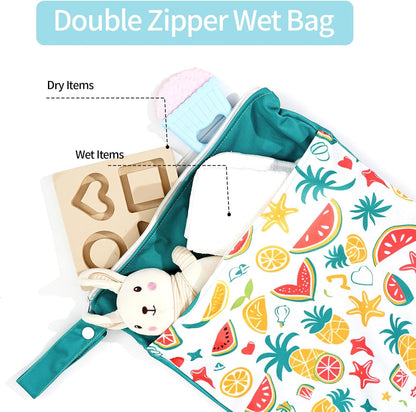 2pcs Wet Bags Waterproof Reusable Wet Dry Bag with Two Zippered Pockets Travel Beach Pool Daycare Yoga Gym Bag for Baby Cloth Diaper,Swimsuits,Wet Clothes (Turtles & Seagrass)