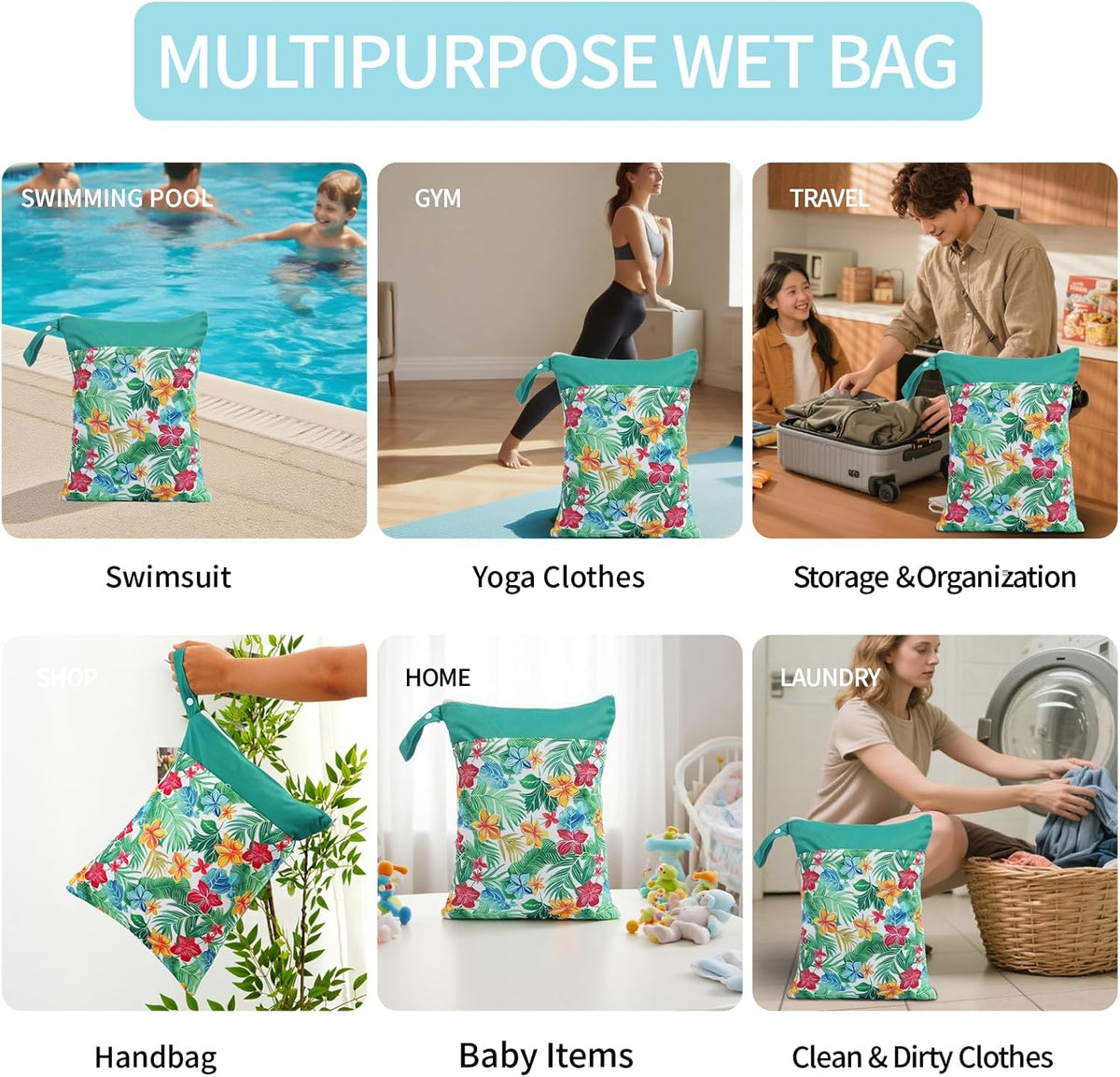 2pcs Wet Bags Waterproof Reusable Wet Dry Bag with Two Zippered Pockets Travel Beach Pool Daycare Yoga Gym Bag for Baby Cloth Diaper,Swimsuits,Wet Clothes (Turtles & Seagrass)